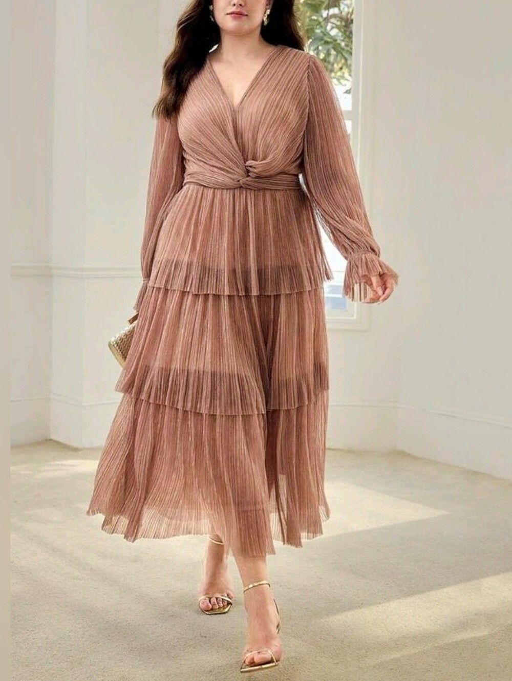 New PLUS Metallic Twist Layered Ruffle Midi Dress Long Sleeve Dusty Pink